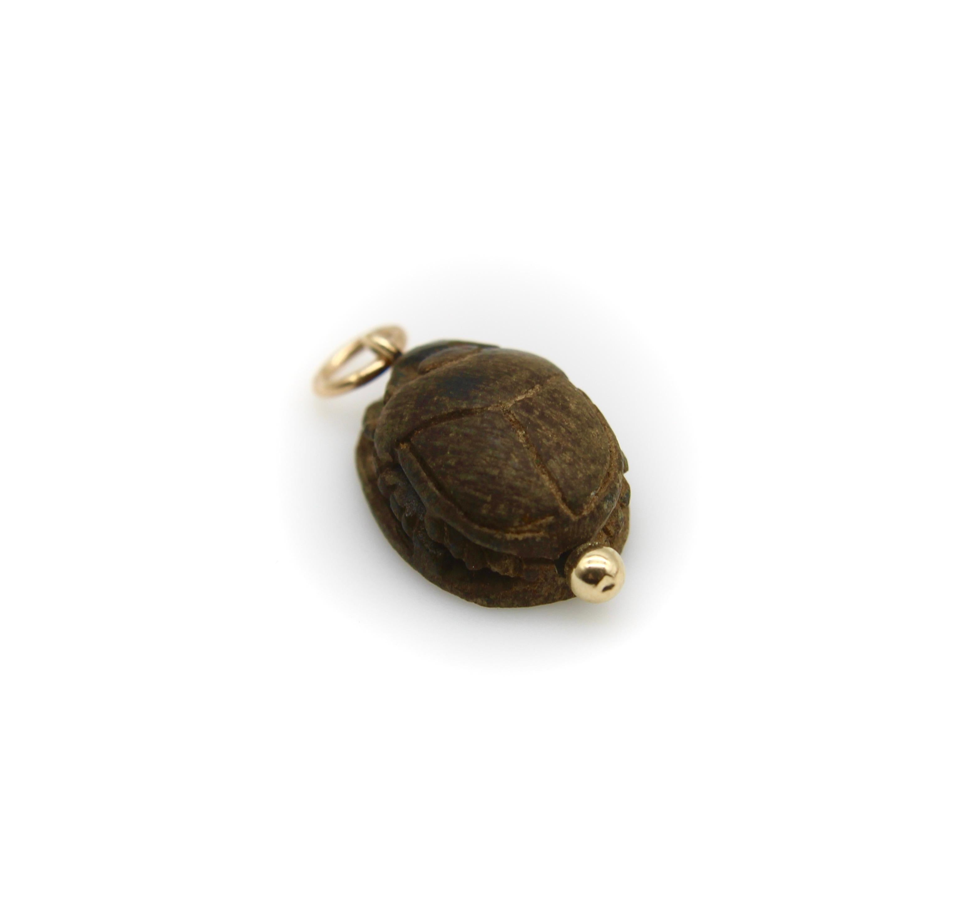 Egyptian Revival Brown Faience Scarab Pendant with 14K Gold Mount  In Good Condition For Sale In Venice, CA