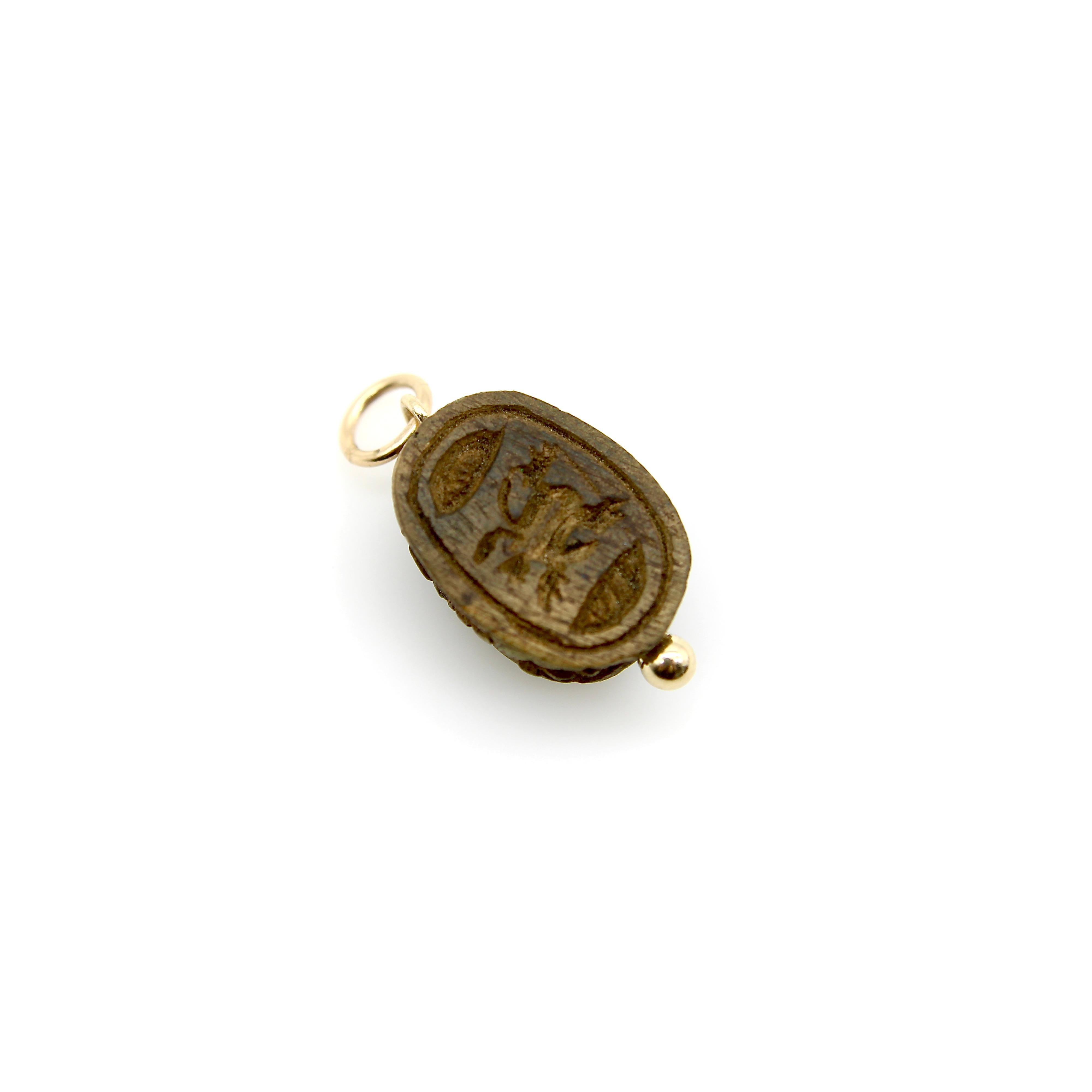 Women's or Men's Egyptian Revival Brown Faience Scarab Pendant with 14K Gold Mount  For Sale