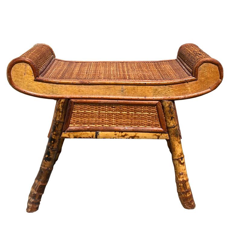 Egyptian Revival Burnt Bamboo Wicker and Rattan Scroll Arm Bench or Side Table 4