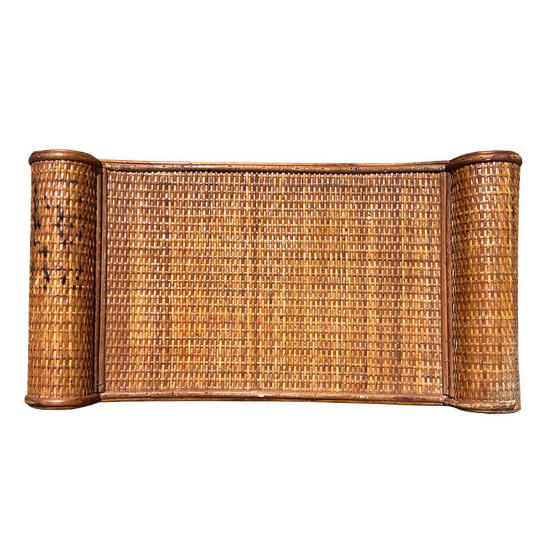 Chinoiserie Egyptian Revival Burnt Bamboo Wicker and Rattan Scroll Arm Bench or Side Table