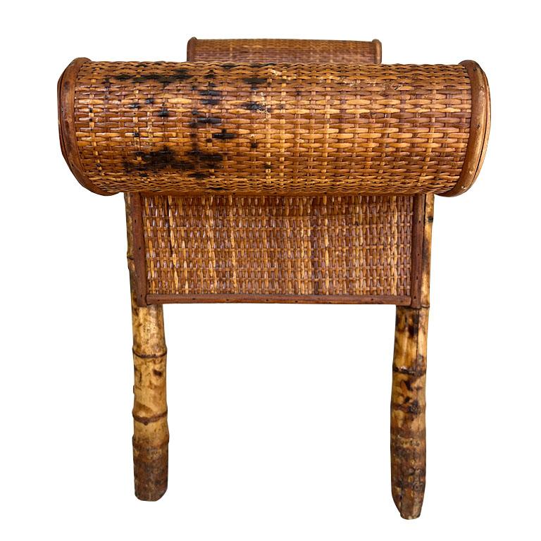 American Egyptian Revival Burnt Bamboo Wicker and Rattan Scroll Arm Bench or Side Table