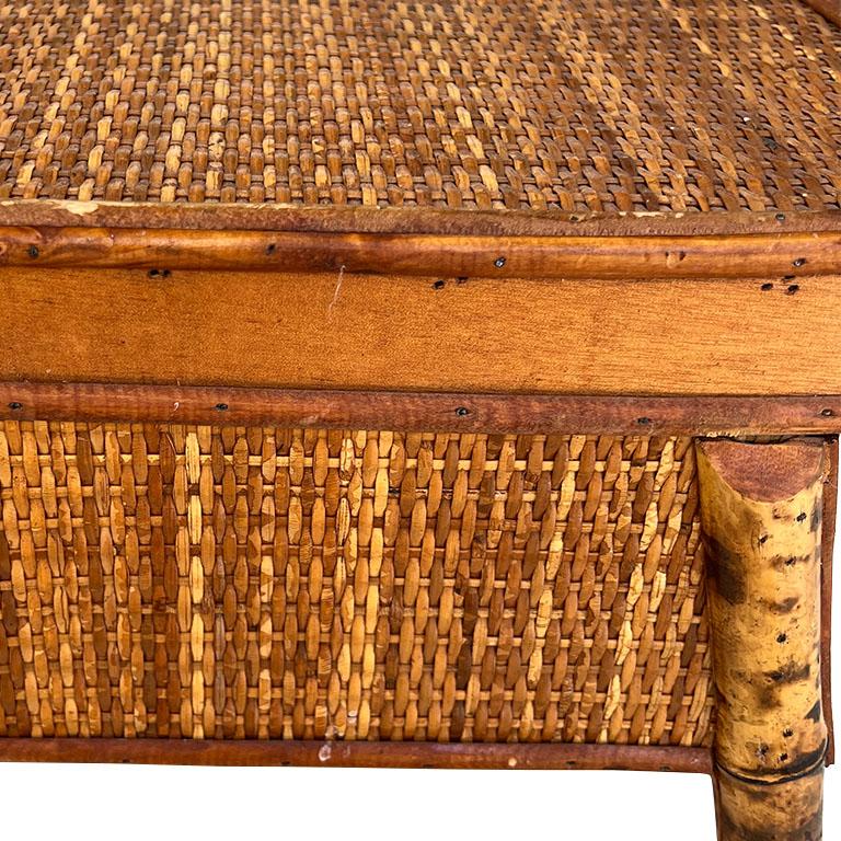 Egyptian Revival Burnt Bamboo Wicker and Rattan Scroll Arm Bench or Side Table In Good Condition In Oklahoma City, OK