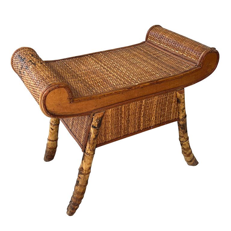 20th Century Egyptian Revival Burnt Bamboo Wicker and Rattan Scroll Arm Bench or Side Table