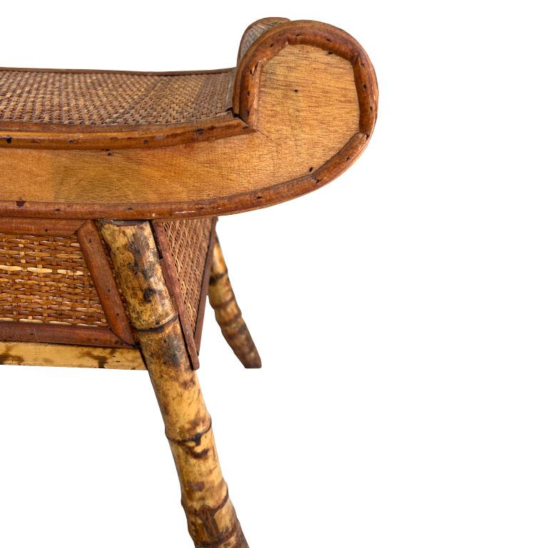 Egyptian Revival Burnt Bamboo Wicker and Rattan Scroll Arm Bench or Side Table 1