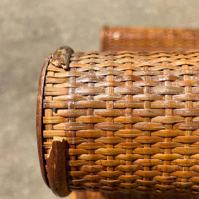 Egyptian Revival Burnt Bamboo Wicker and Rattan Scroll Arm Bench or Side Table 2