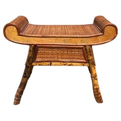 Egyptian Revival Burnt Bamboo Wicker and Rattan Scroll Arm Bench or Side Table