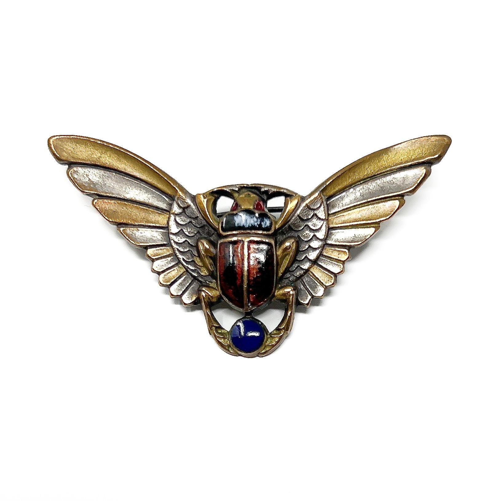 Women's Egyptian Revival c.1910 Enamel Antique Winged Scarab Brooch