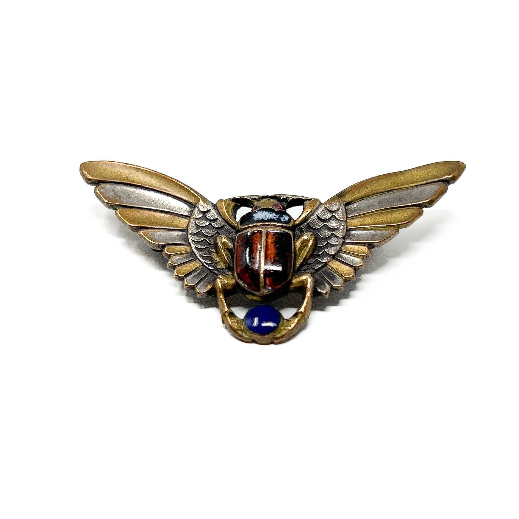 Egyptian Revival c.1910 Enamel Antique Winged Scarab Brooch 1