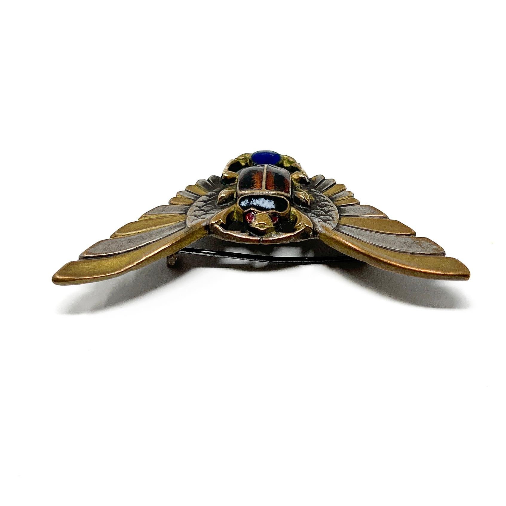 Egyptian Revival c.1910 Enamel Antique Winged Scarab Brooch 2