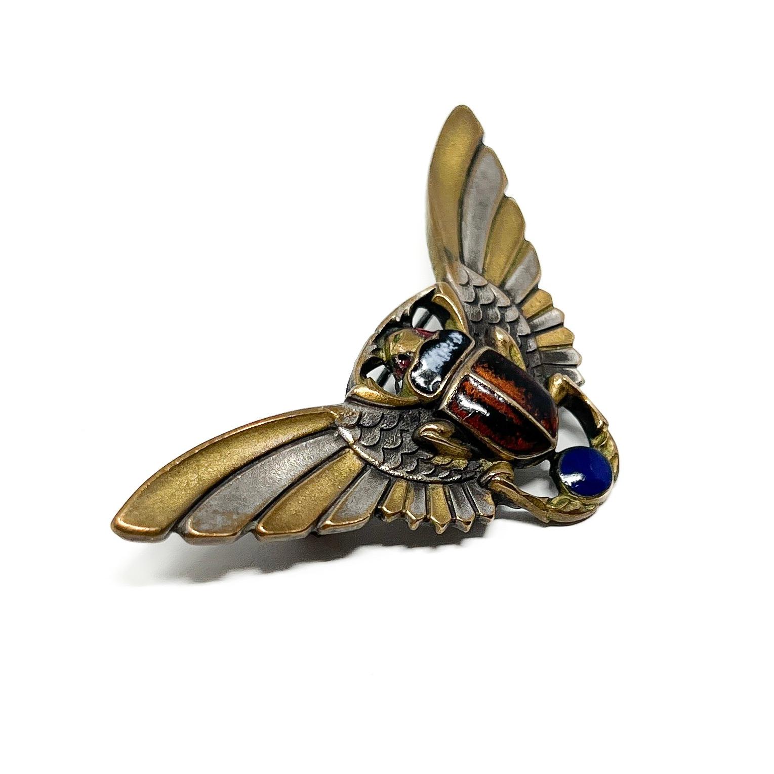 Egyptian Revival c.1910 Enamel Antique Winged Scarab Brooch 3