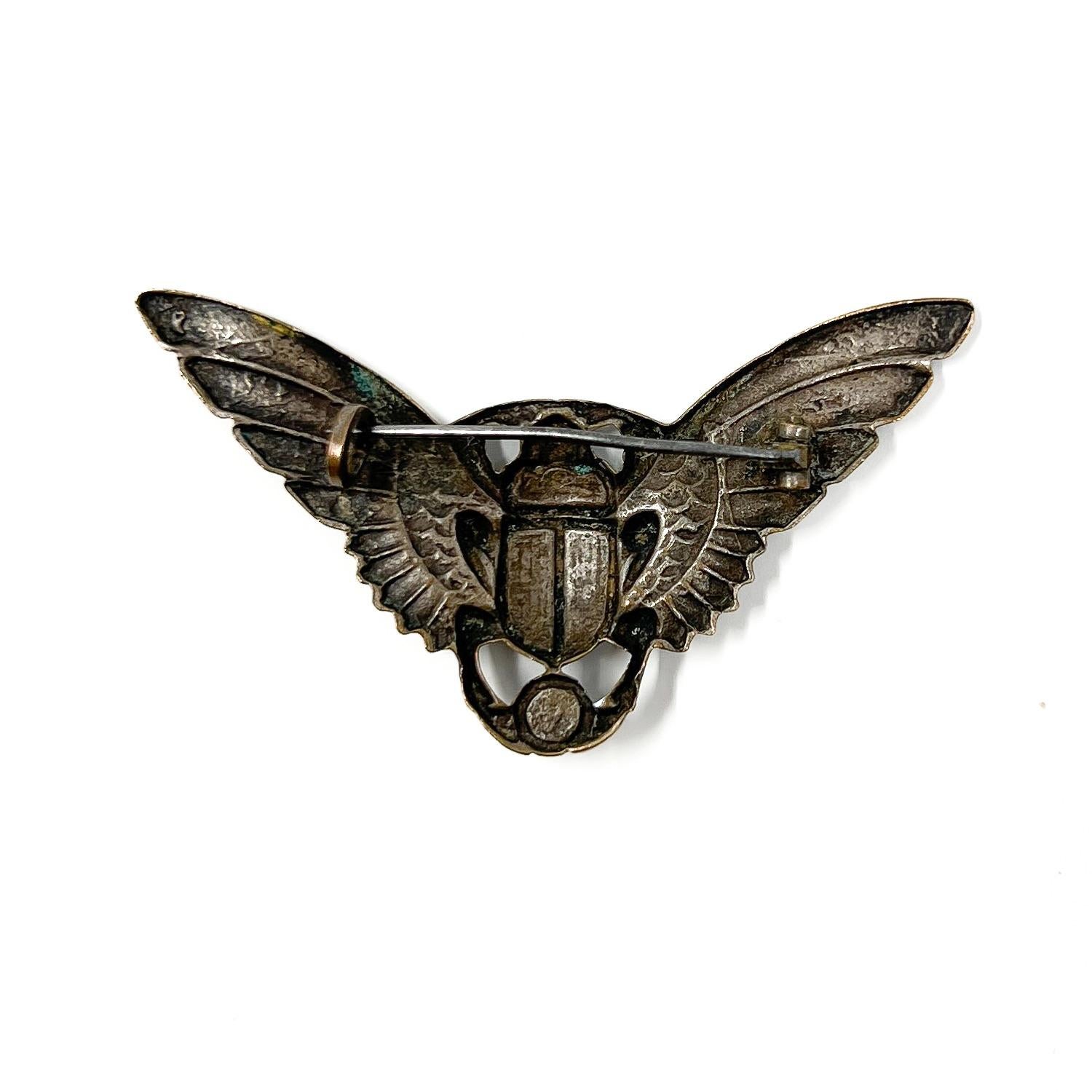 Egyptian Revival c.1910 Enamel Antique Winged Scarab Brooch 4