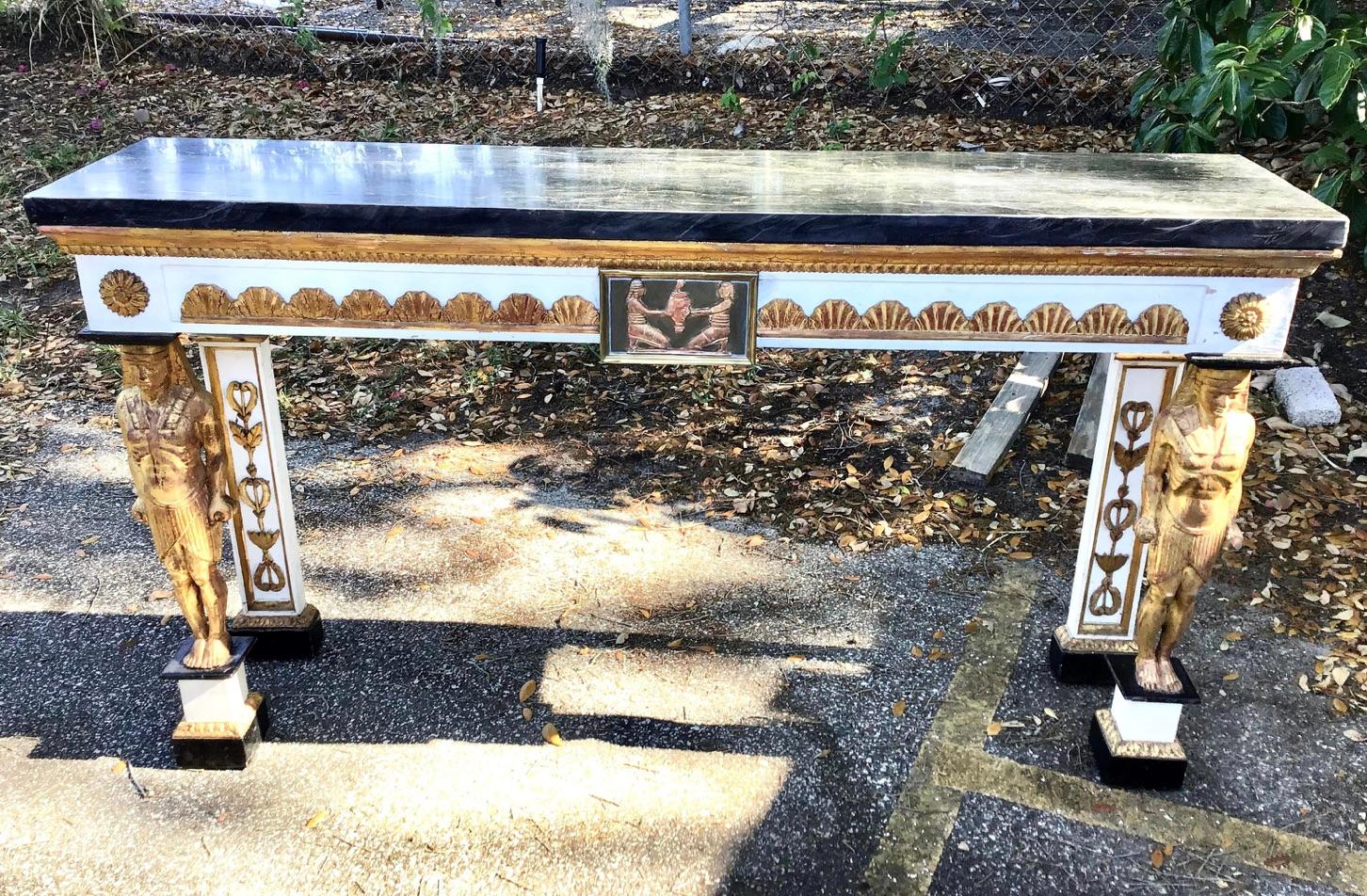 Egyptian Revival Carved and Giltwood Console Table In Good Condition In Bradenton, FL