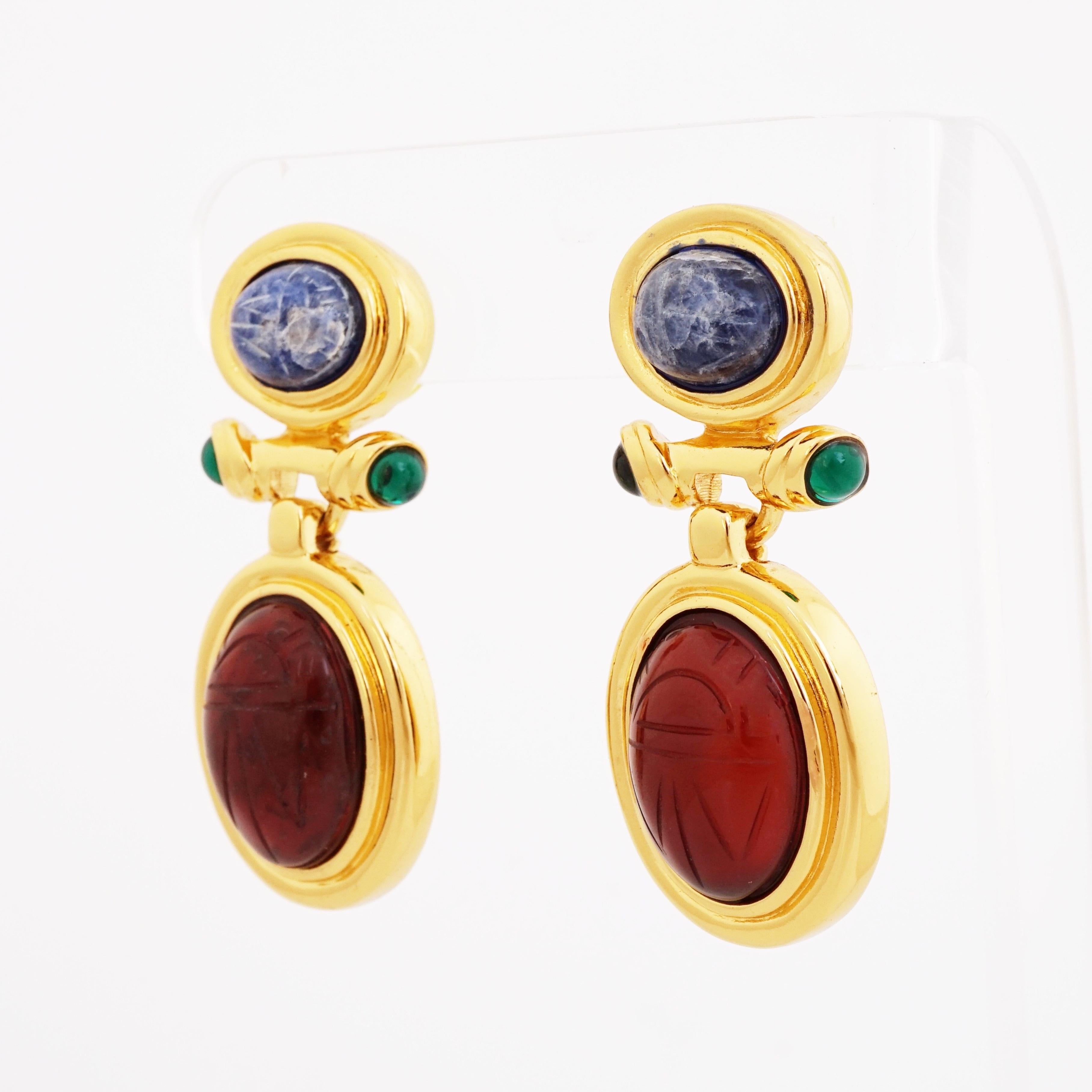 Modern Egyptian Revival Carved Glass Scarab Drop Earrings By Carolee, 1980s