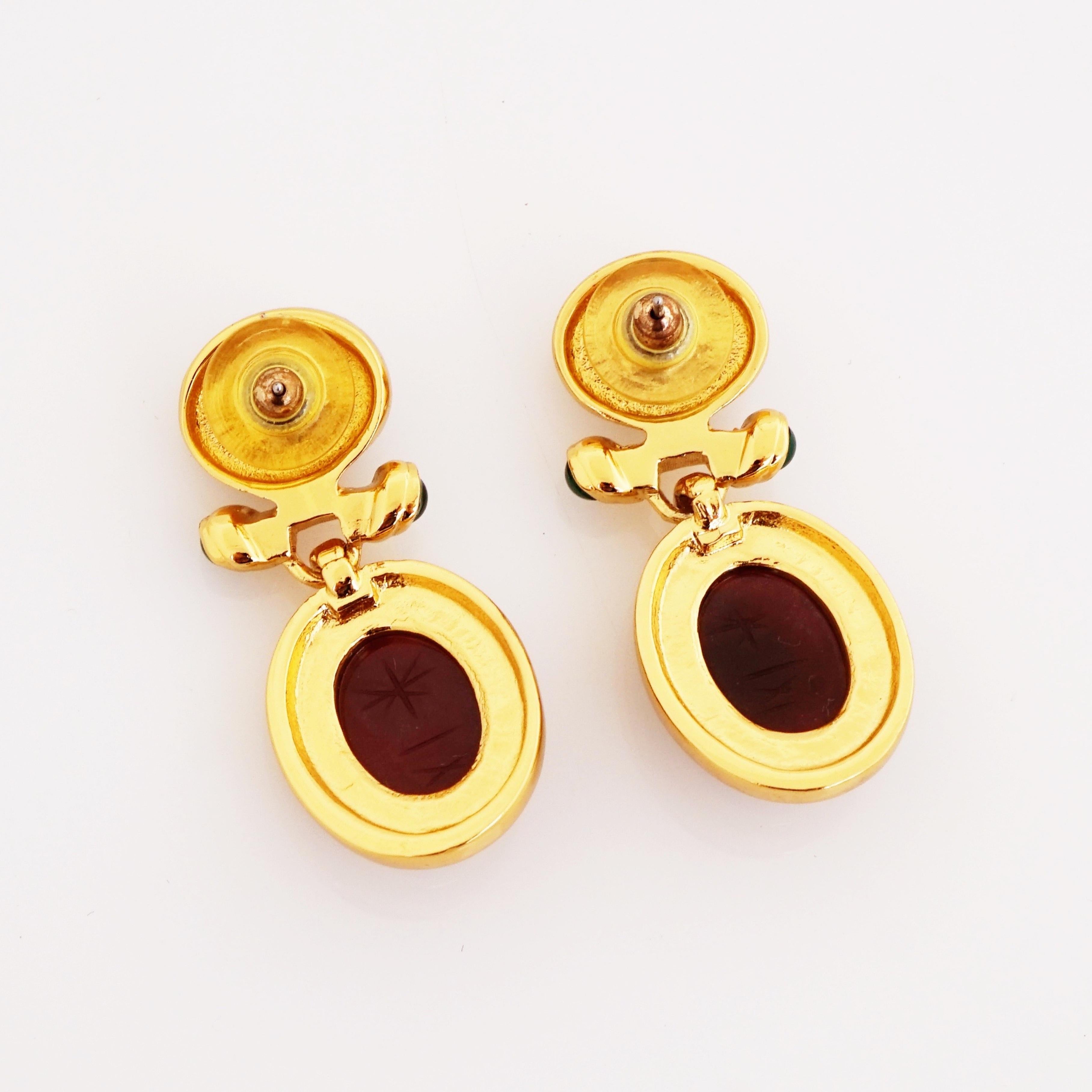 Egyptian Revival Carved Glass Scarab Drop Earrings By Carolee, 1980s In Good Condition In McKinney, TX