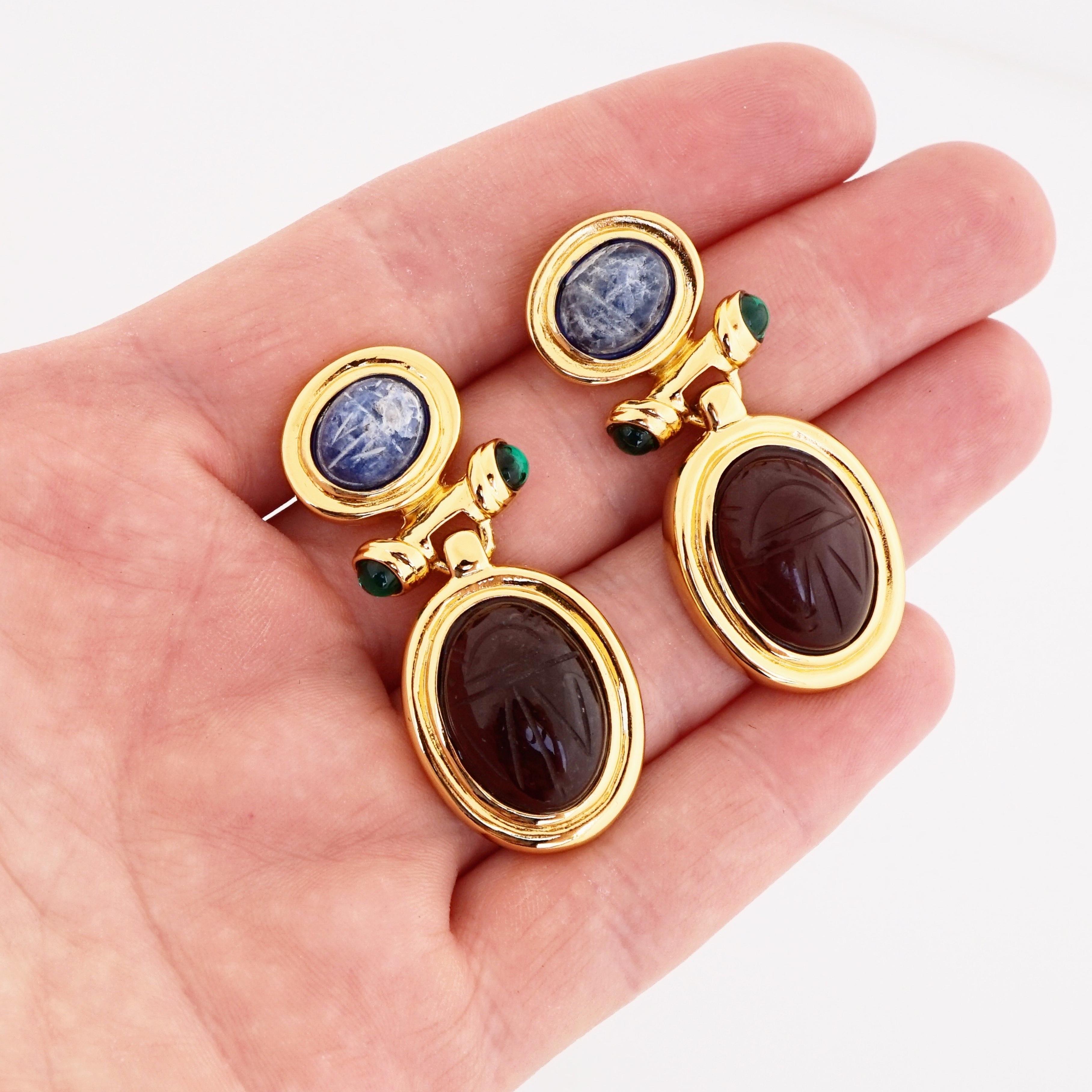 Women's Egyptian Revival Carved Glass Scarab Drop Earrings By Carolee, 1980s
