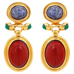 Retro Egyptian Revival Carved Glass Scarab Drop Earrings By Carolee, 1980s