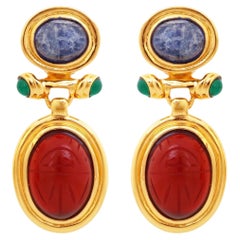 Egyptian Revival Carved Glass Scarab Drop Earrings By Carolee, 1980s