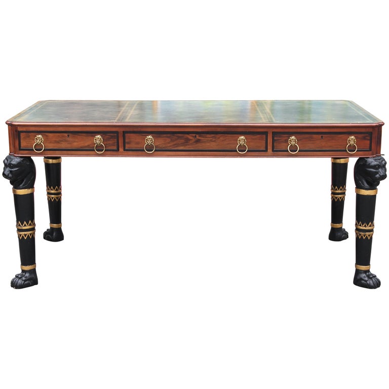 Egyptian Revival Carved Lion Head Leather Top Rosewood Desk by Baker