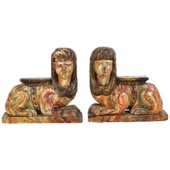 Egyptian Revival Carved & Painted Wood Sphinxes