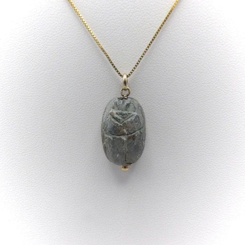 Egyptian Revival Carved Stone Scarab Pendant with 14K Gold Mount, 1920's 2