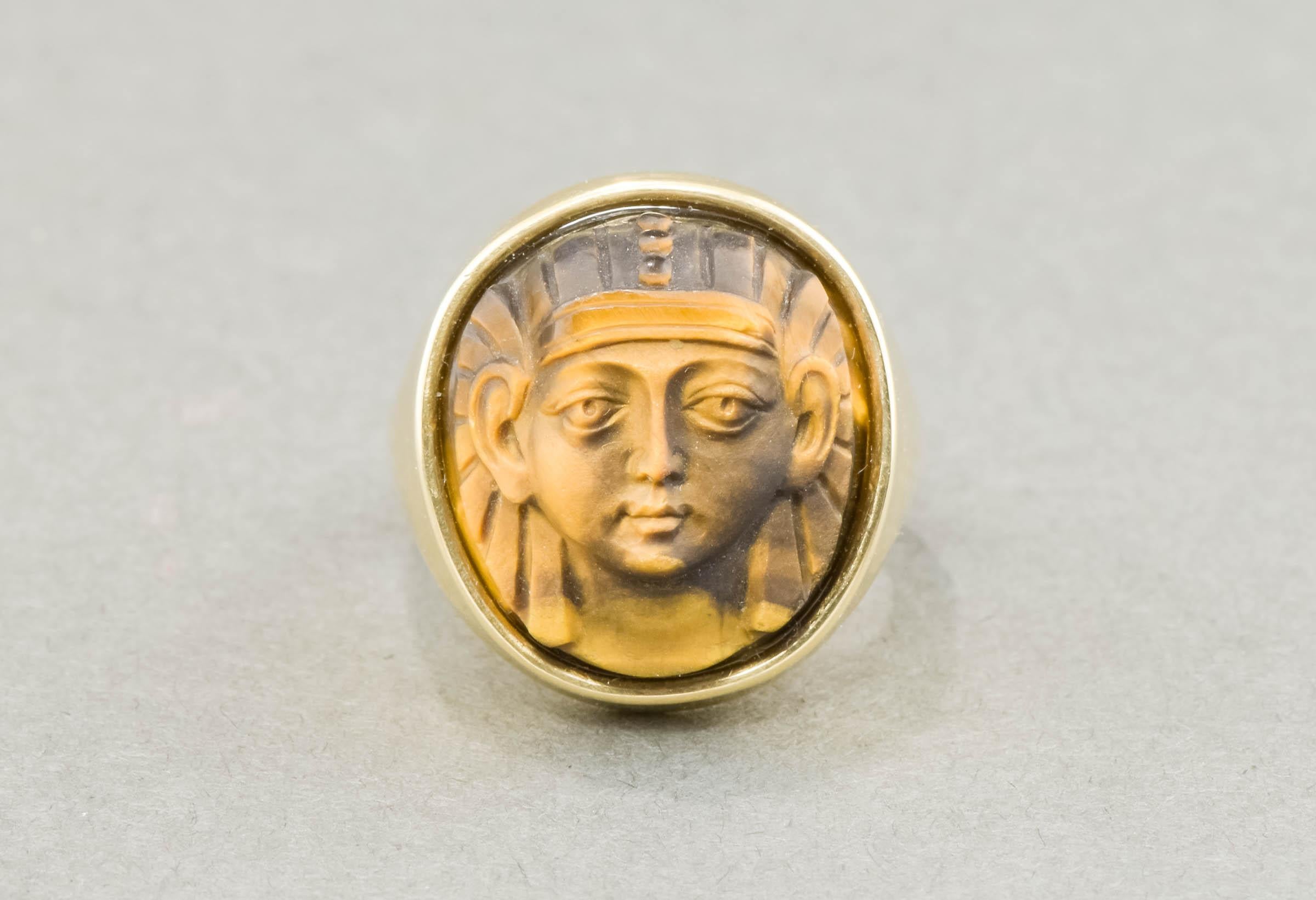 Egyptian Revival Carved Tigers Eye Pharaoh Gold Signet Ring - Antique Conversion 2