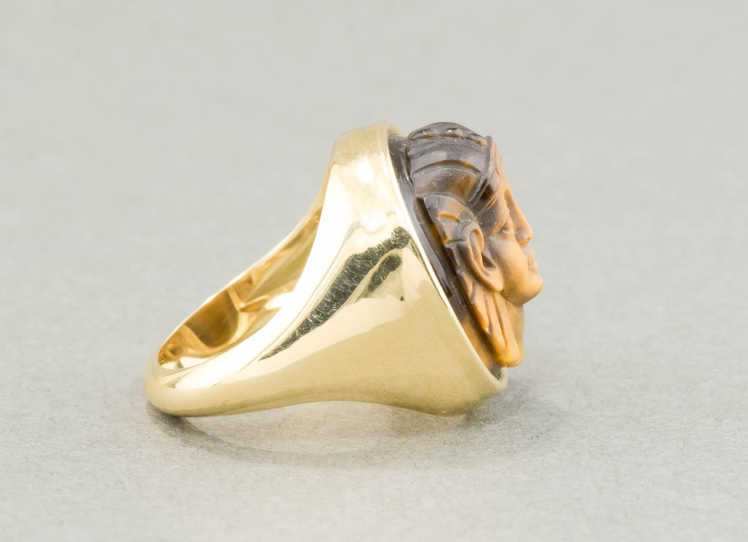 Cabochon Egyptian Revival Carved Tigers Eye Pharaoh Gold Signet Ring - Antique Conversion