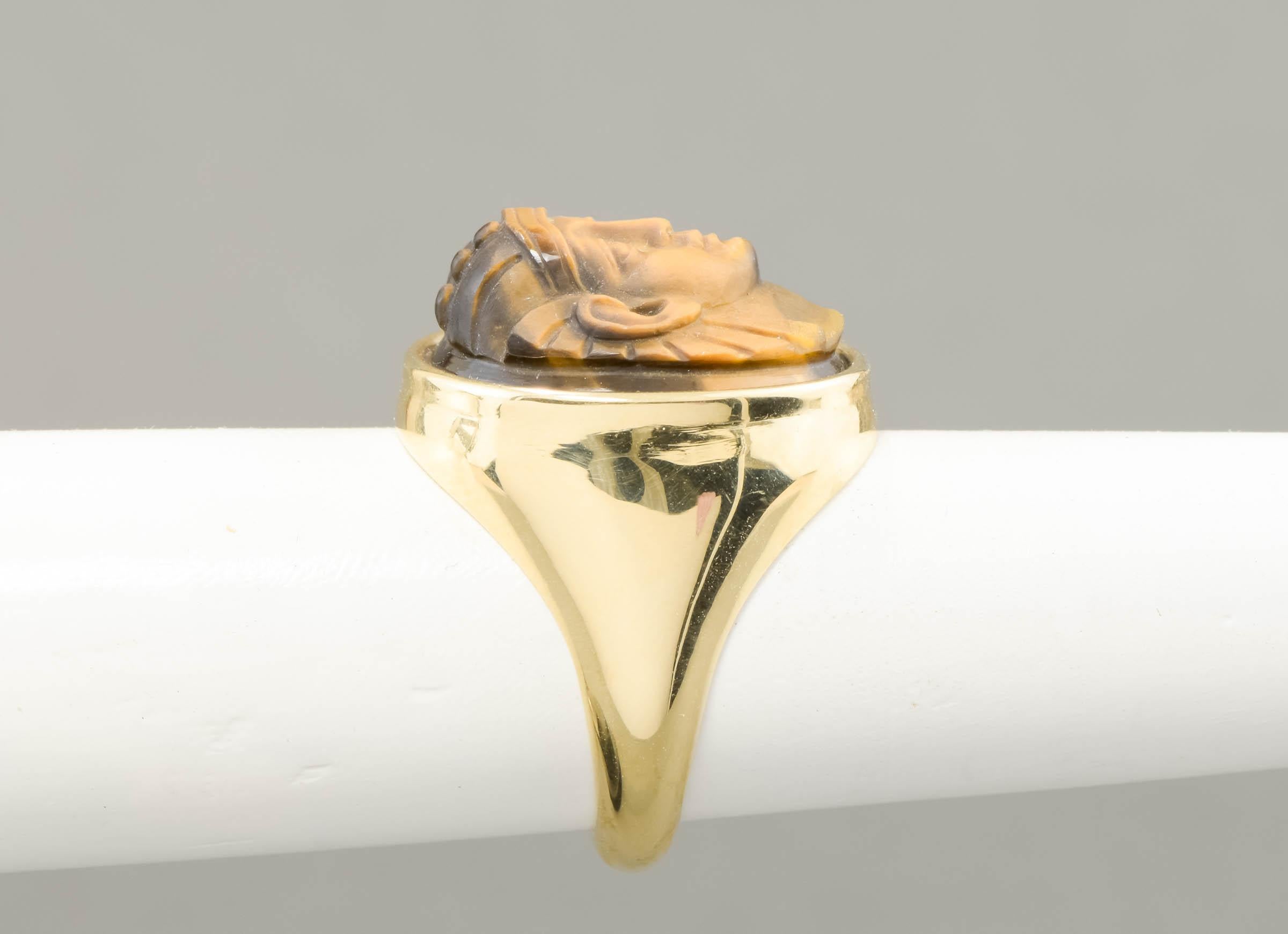 Egyptian Revival Carved Tigers Eye Pharaoh Gold Signet Ring - Antique Conversion In Excellent Condition In Danvers, MA