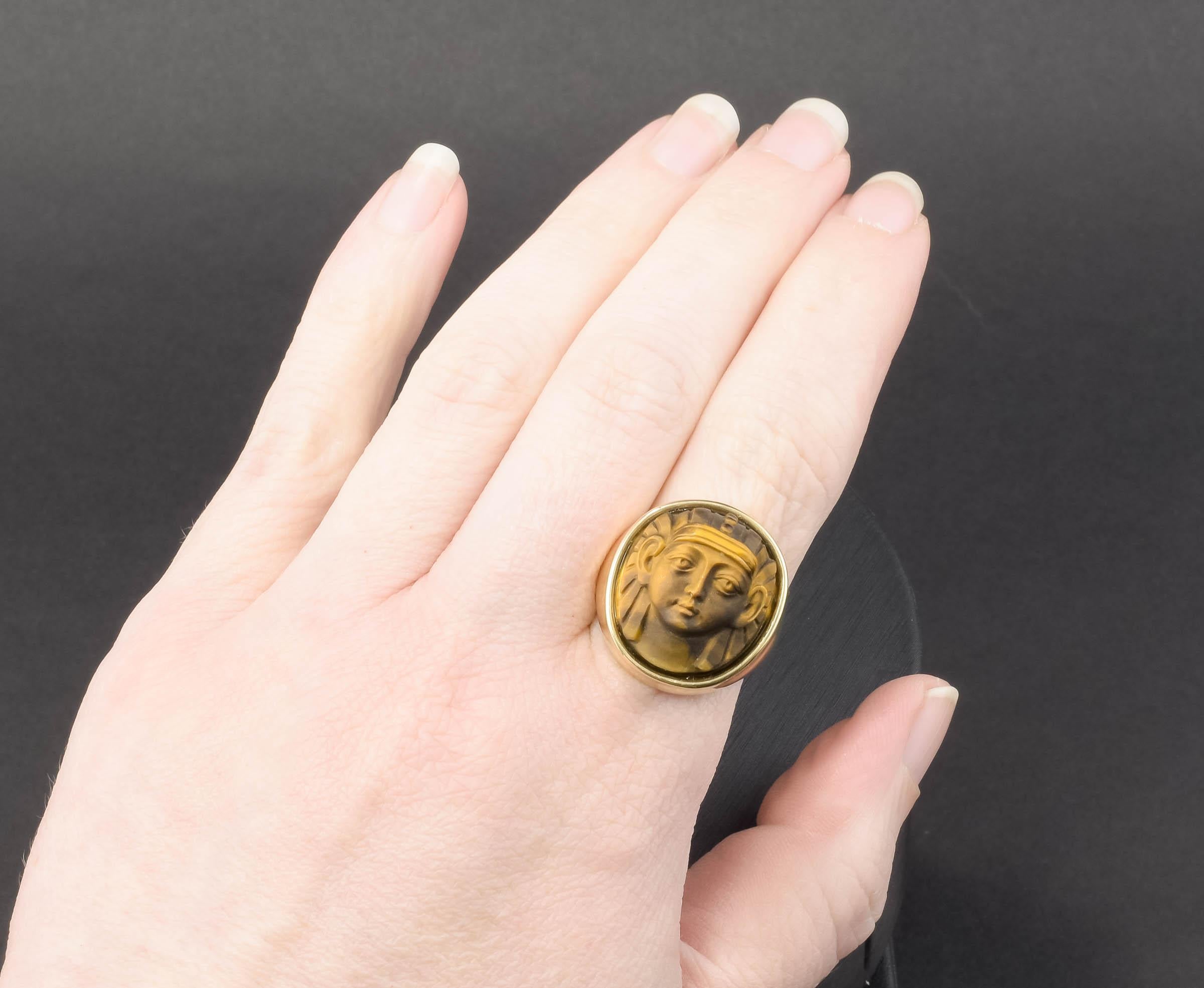 Women's or Men's Egyptian Revival Carved Tigers Eye Pharaoh Gold Signet Ring - Antique Conversion