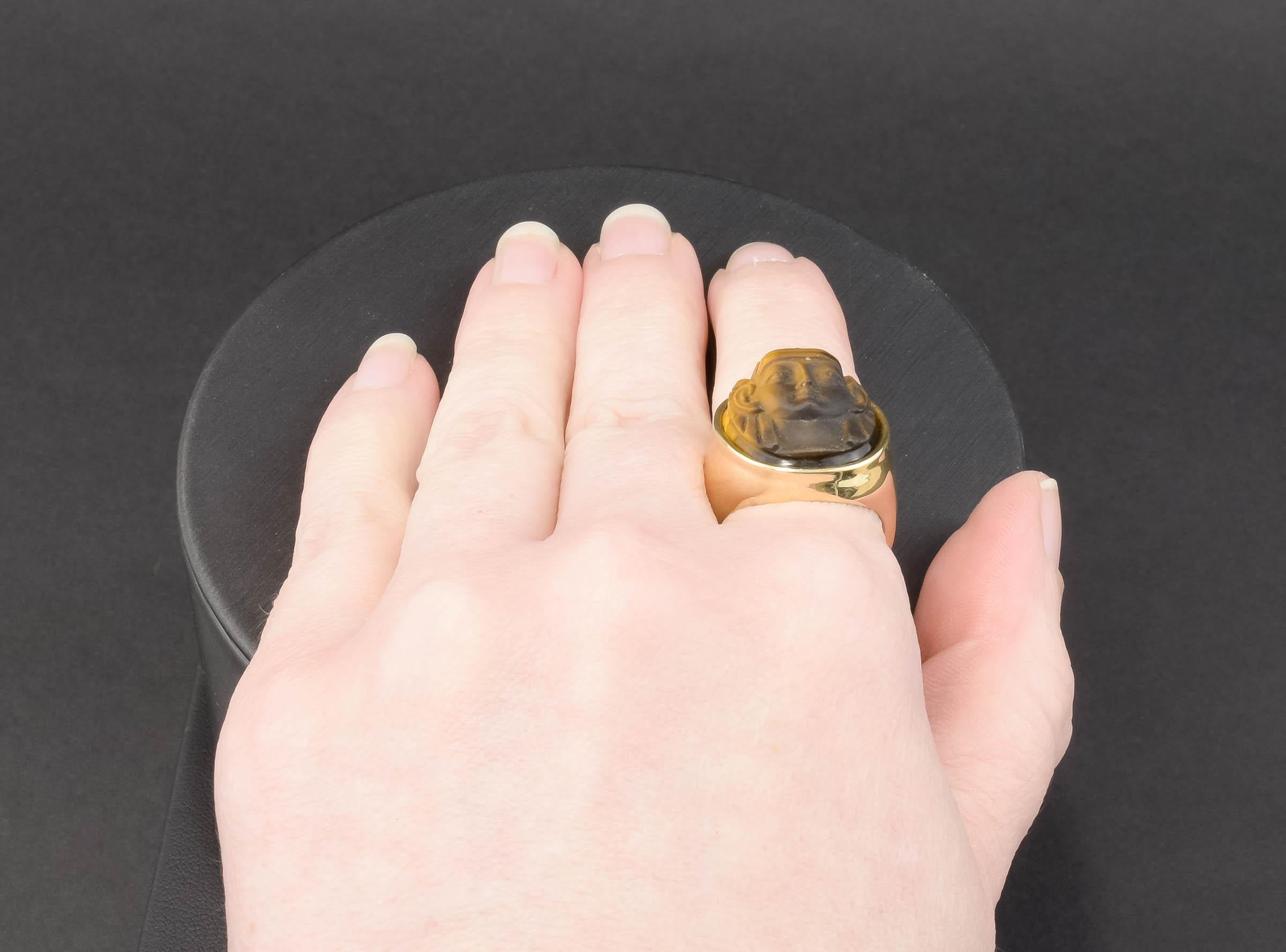 Egyptian Revival Carved Tigers Eye Pharaoh Gold Signet Ring - Antique Conversion 1