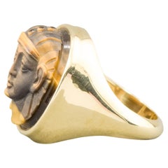 Egyptian Revival Carved Tigers Eye Pharaoh Gold Signet Ring - Antique Conversion