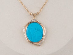 Egyptian Revival Carved Turquoise Pharaoh Pendant 18K Gold with Diamond R4610