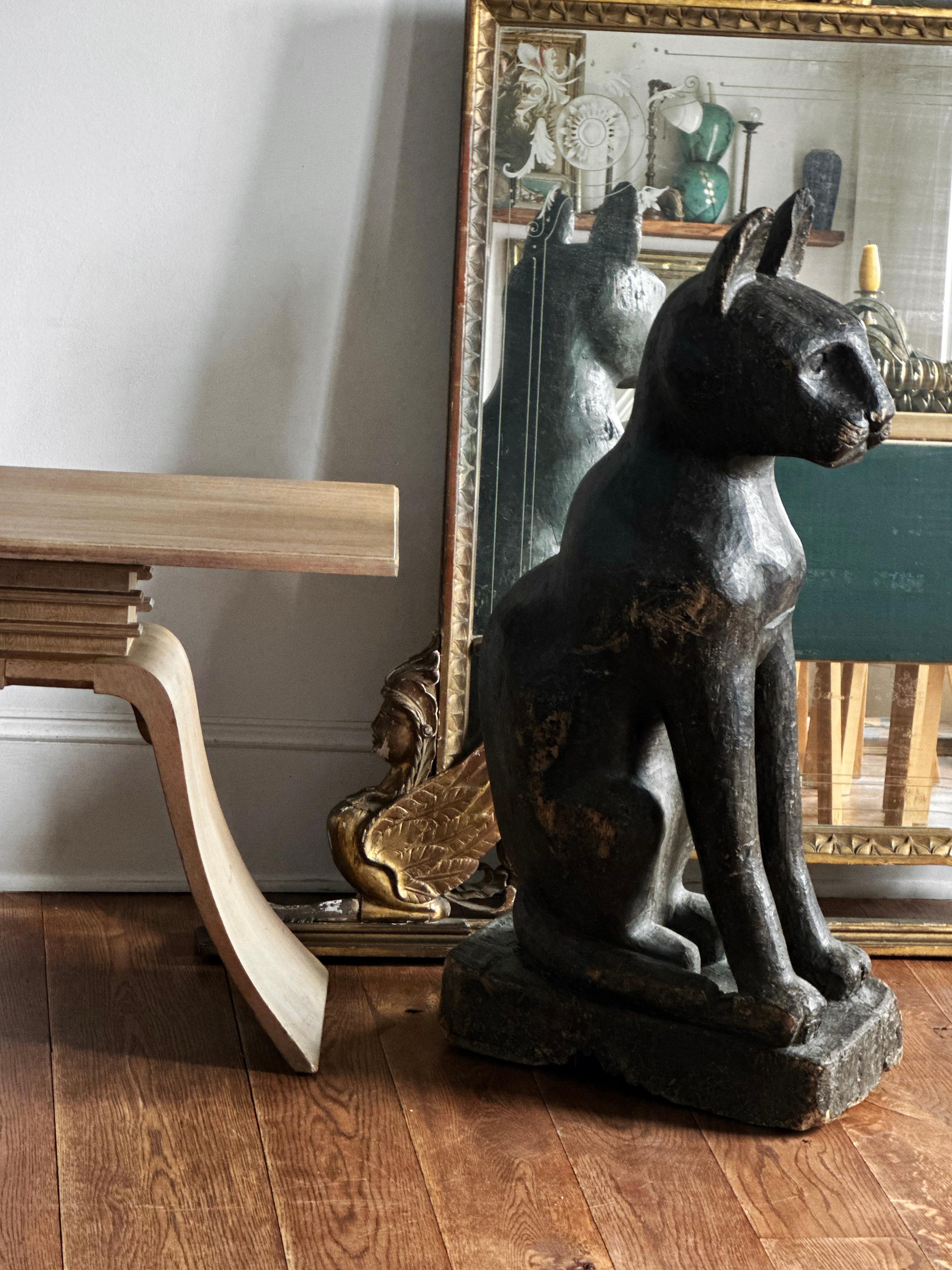 Egyptian revival carved wood Cat, Bastet C.1900 In Fair Condition In Hudson, NY