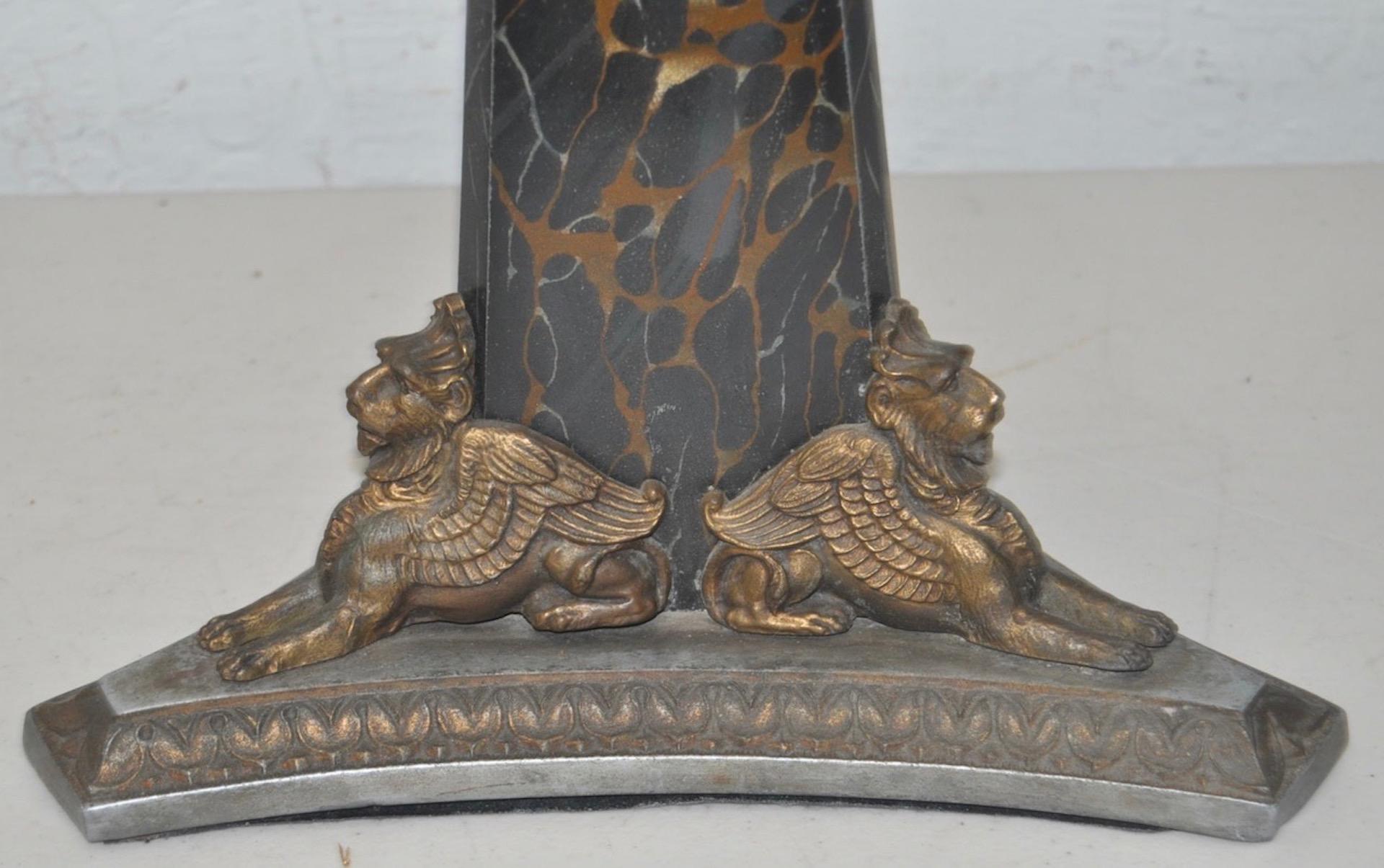 French Egyptian Revival Cast Iron Faux Marble Table Lamp, circa 1900
