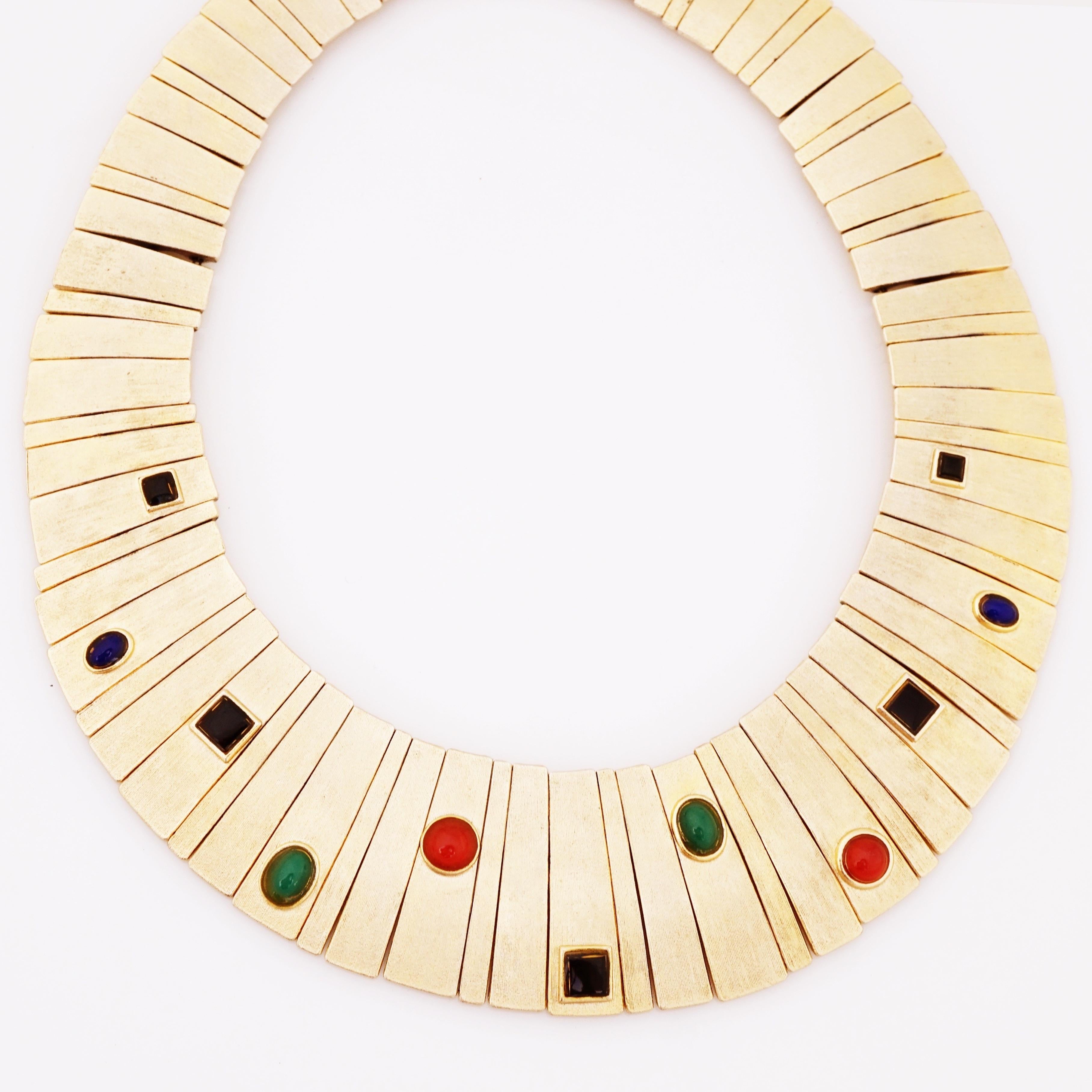 Modern Egyptian Revival Choker Necklace With Jewel Tone Cabochons By Les Bernard, 1970s
