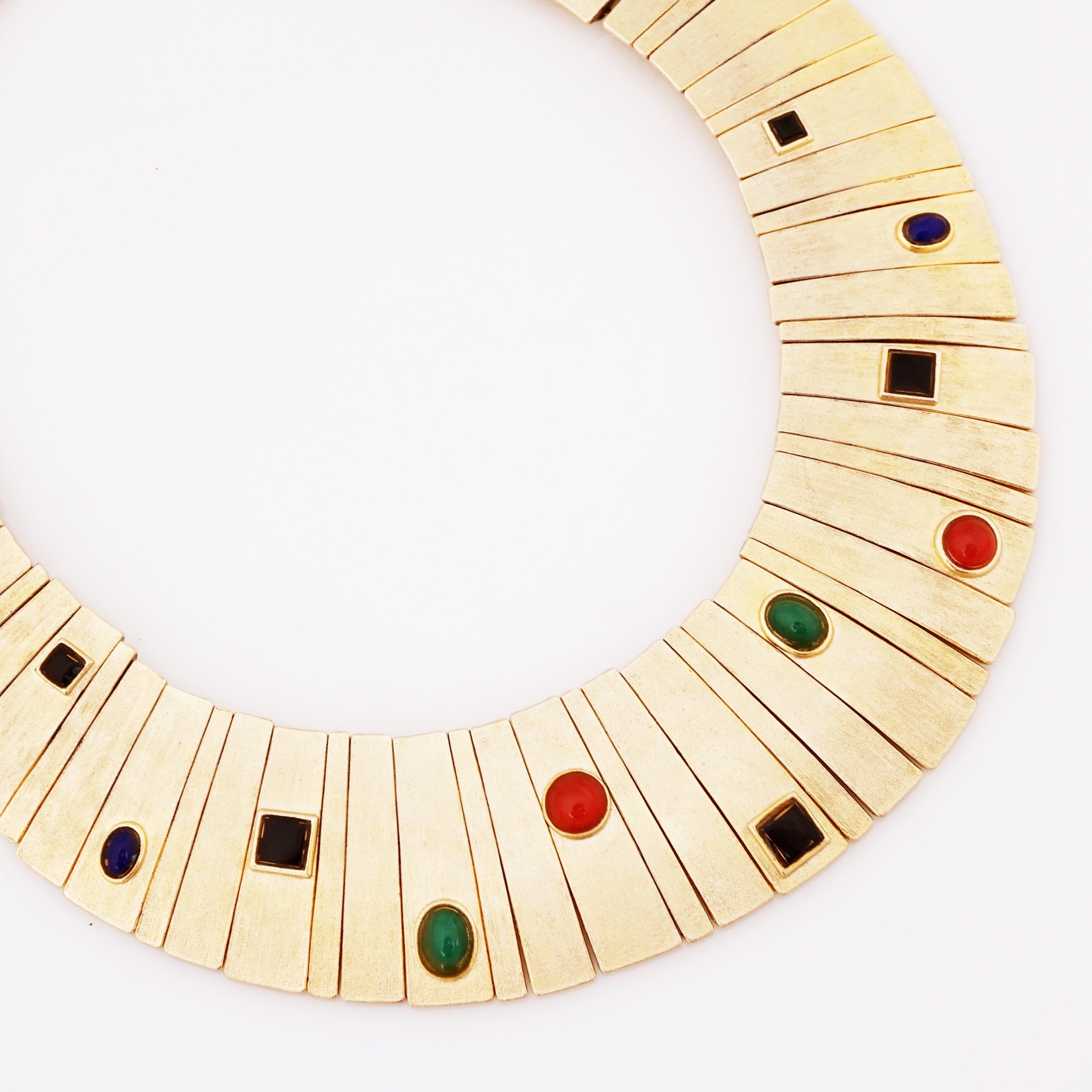Egyptian Revival Choker Necklace With Jewel Tone Cabochons By Les Bernard, 1970s In Good Condition In McKinney, TX