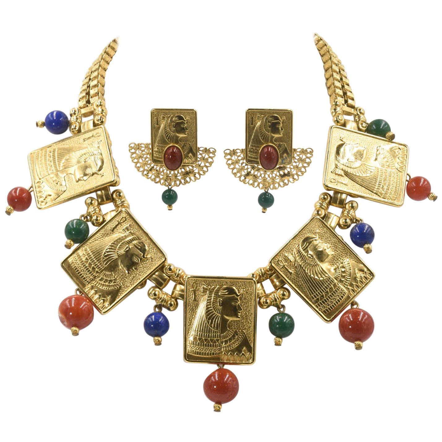 Egyptian Revival Cleopatra Gilt Plaque Necklace and Earrings