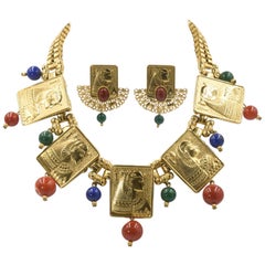 Egyptian Revival Cleopatra Gilt Plaque Necklace and Earrings