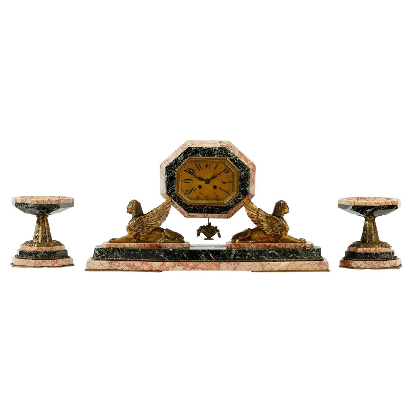 Art Deco Egyptian Revival Clock Set