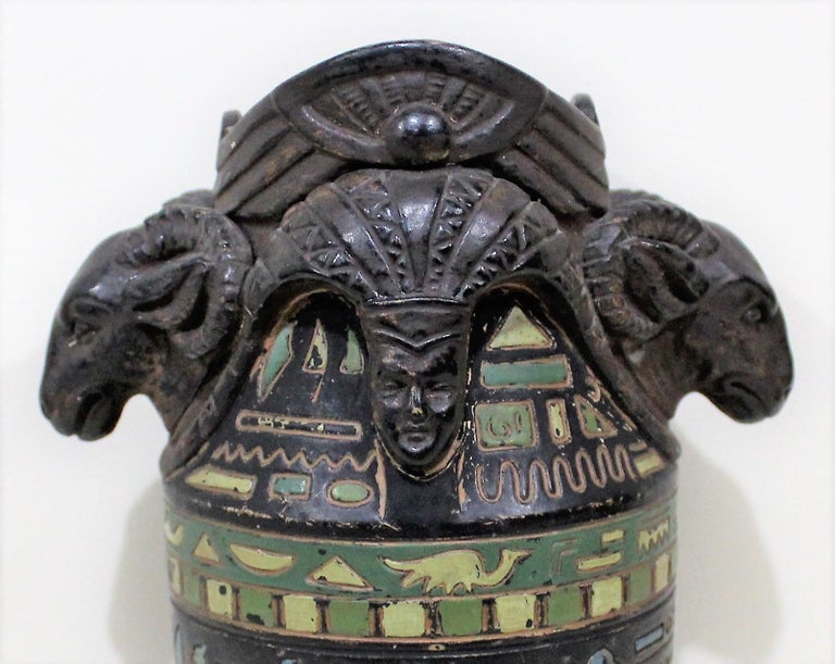Egyptian Revival Cold Painted Figural Vase with Rams Heads and