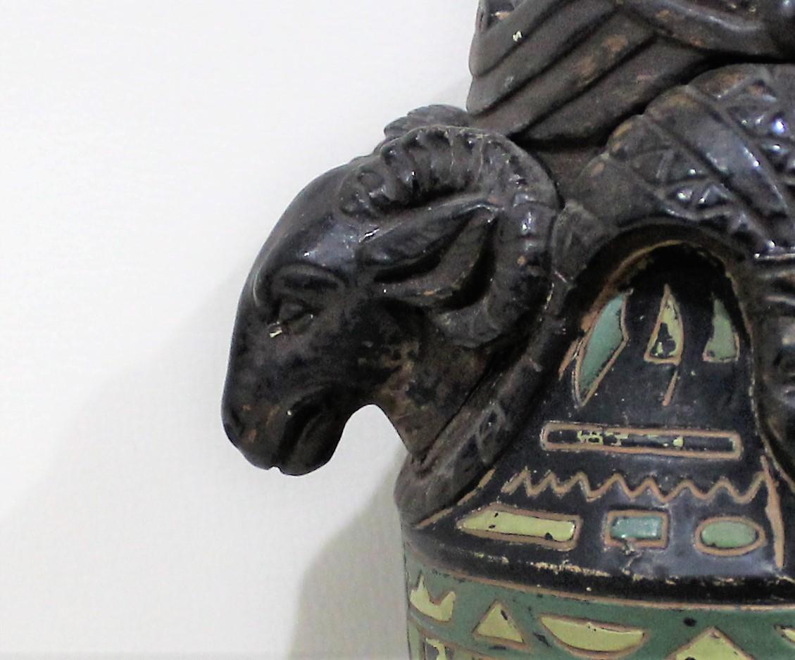 Egyptian Revival Cold Painted Figural Vase with Rams Heads & Hieroglyphics In Good Condition In Hamilton, Ontario