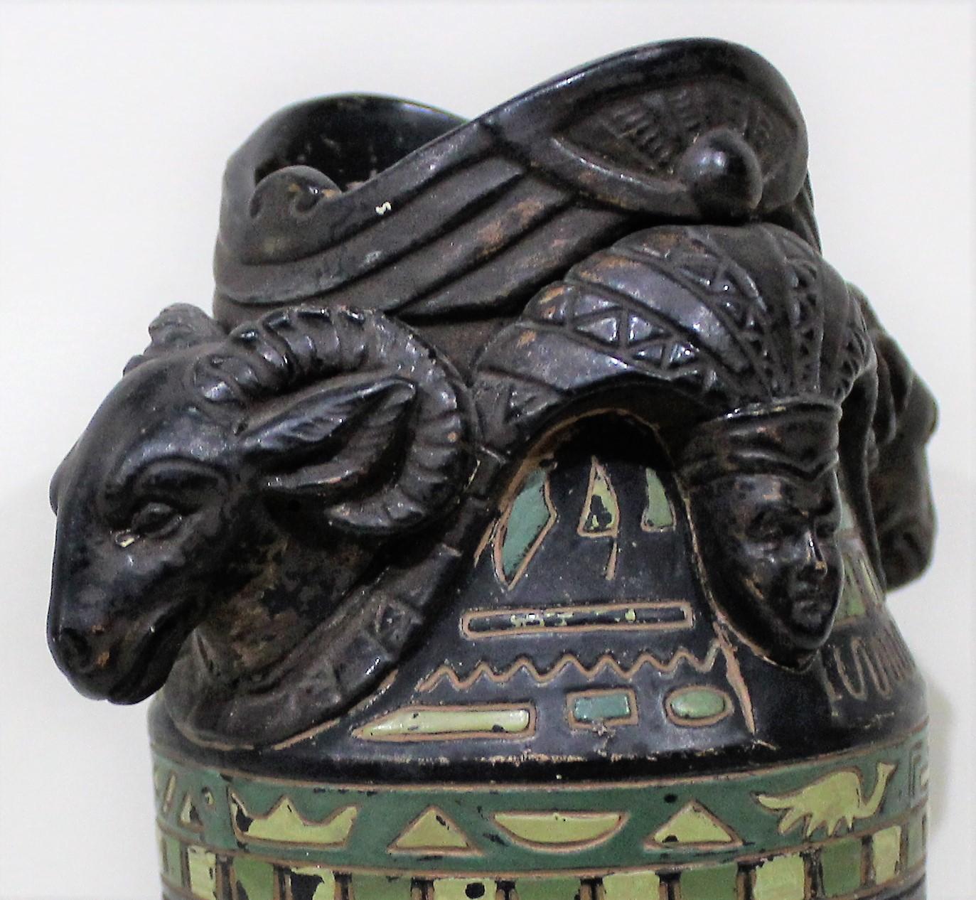 Egyptian Revival Cold Painted Figural Vase with Rams Heads and ...