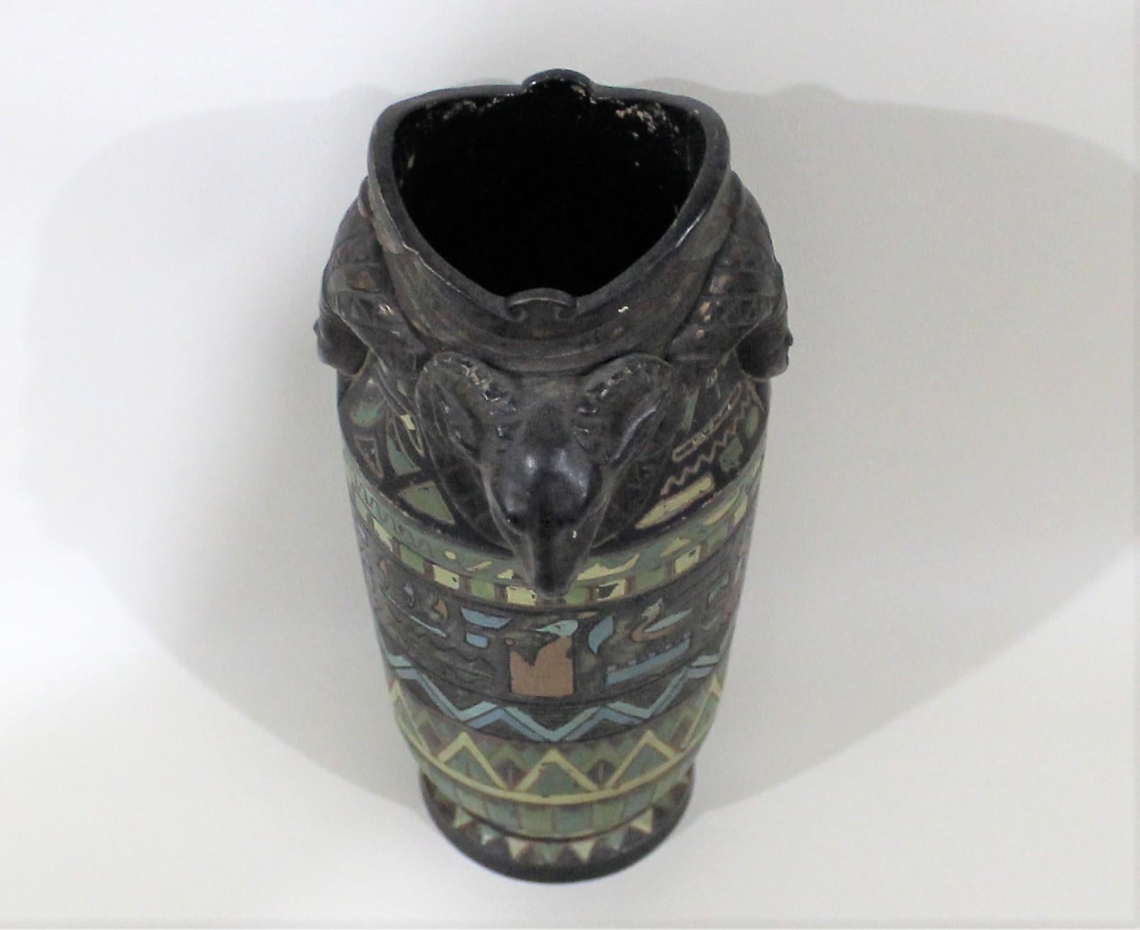 Egyptian Revival Cold Painted Figural Vase with Rams Heads & Hieroglyphics 1