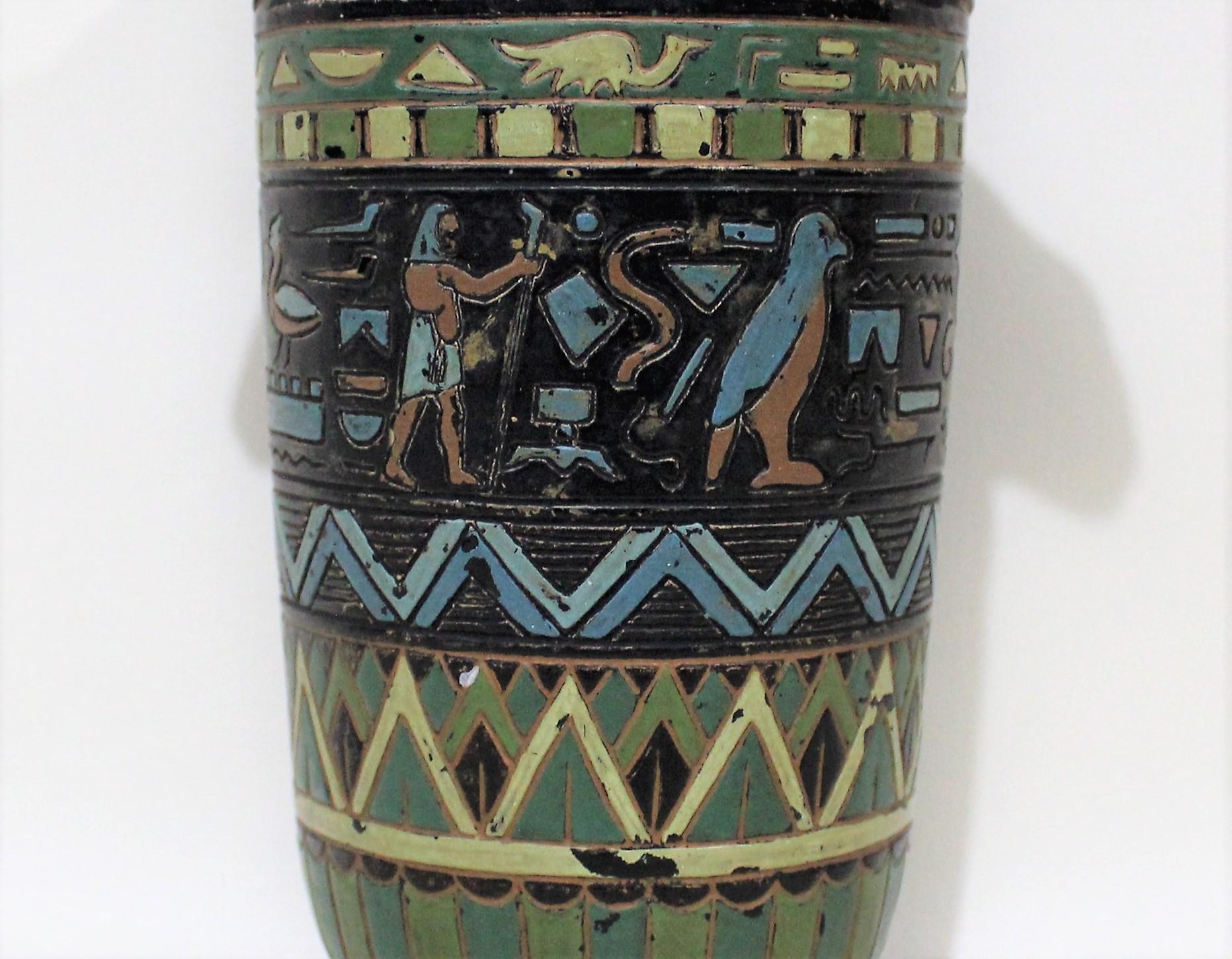 Egyptian Revival Cold Painted Figural Vase with Rams Heads & Hieroglyphics 2