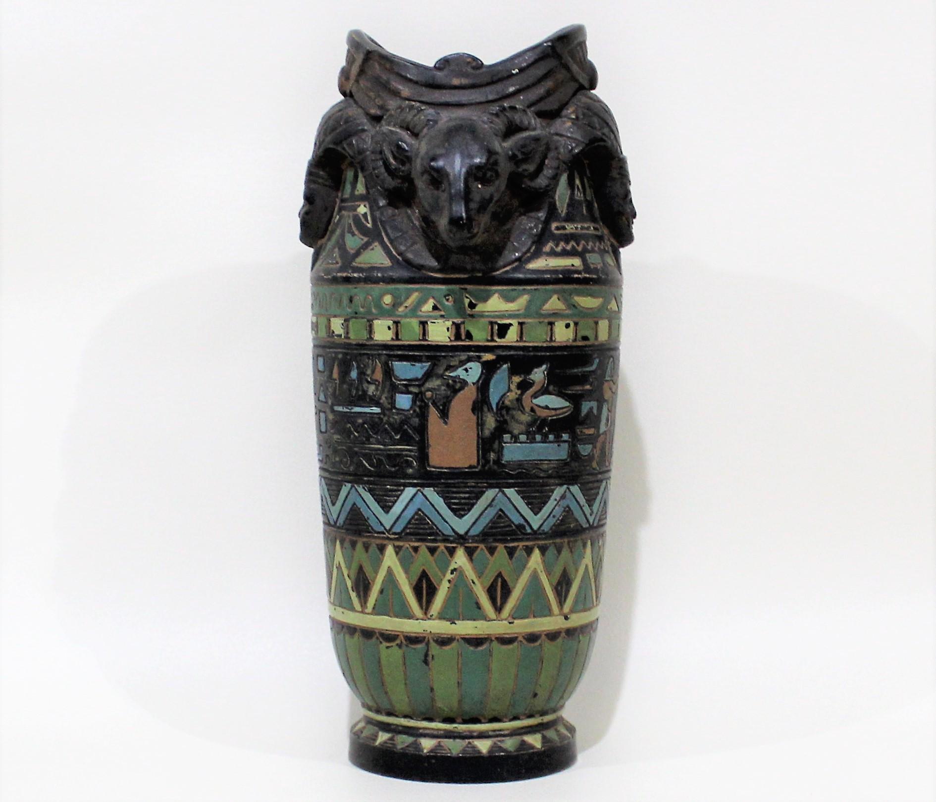 Egyptian Revival Cold Painted Figural Vase with Rams Heads & Hieroglyphics 3
