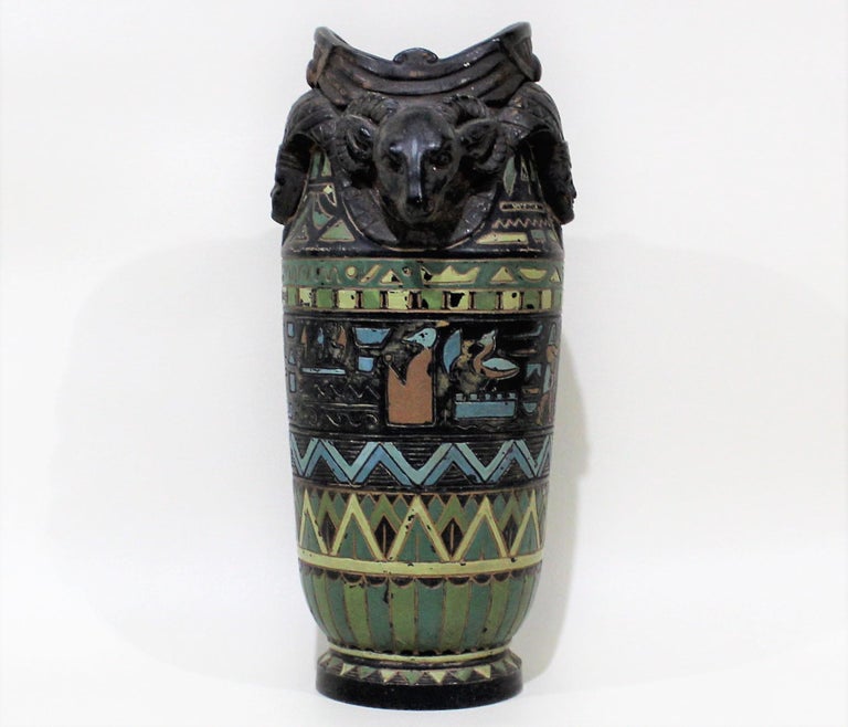 Egyptian Revival Cold Painted Figural Vase with Rams Heads and