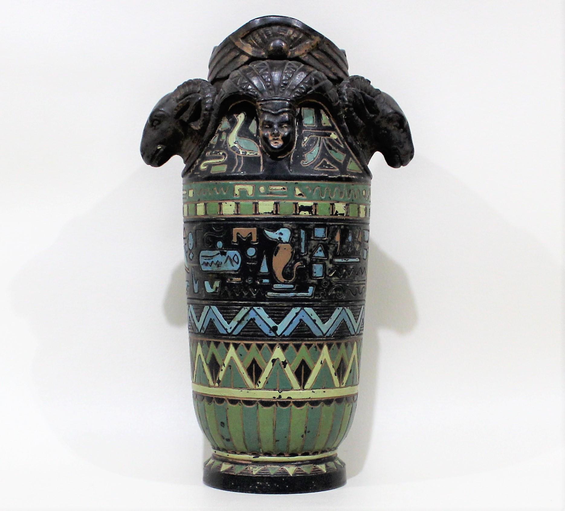 Egyptian Revival Cold Painted Figural Vase with Rams Heads & Hieroglyphics 5