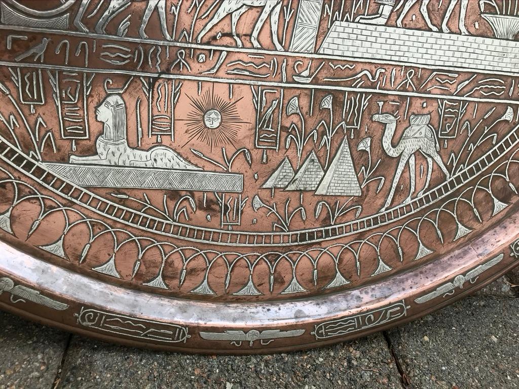 Egyptian Revival Copper and Silver Charger Inlaid with Hieroglyphics 14