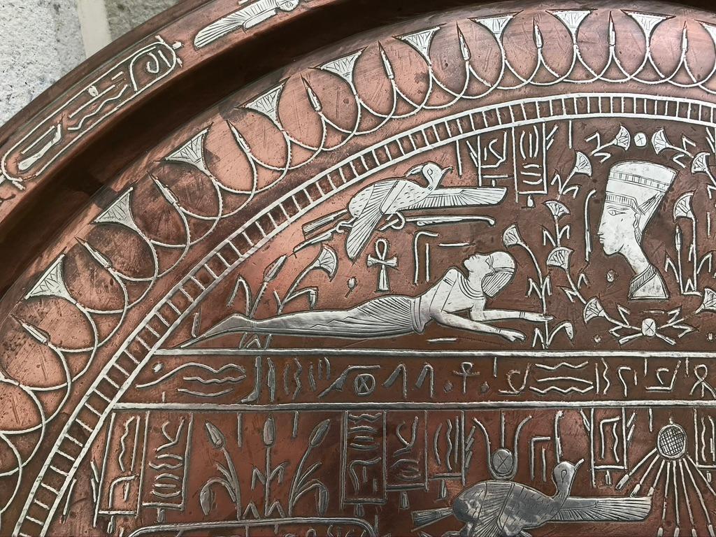 Egyptian Revival Copper and Silver Charger Inlaid with Hieroglyphics 1