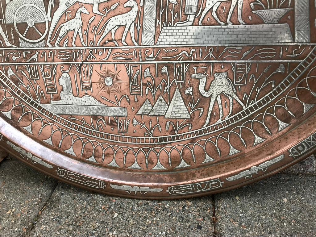 Egyptian Revival Copper and Silver Charger Inlaid with Hieroglyphics 4