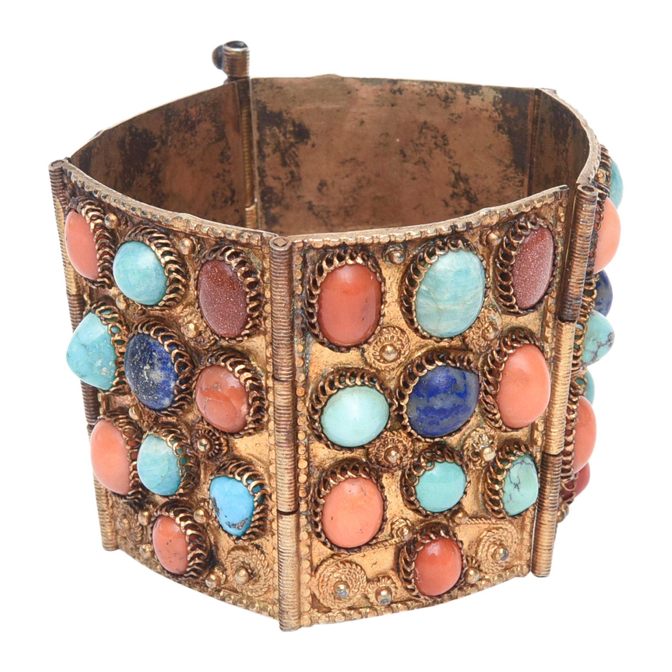  Egyptian Revival Coral, Turquoise and Lapis Vermeil Cuff Bracelet 